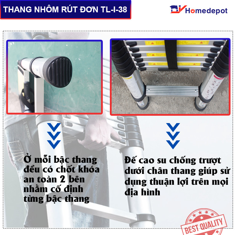 Thang nhôm rút đơn chữ I 3.8m DIY TL-I-38 Tiêu chuẩn EN131