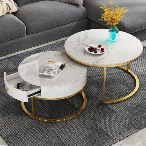 Cặp bàn trà sofa tròn, mặt đá 3D, có ngăn kéo