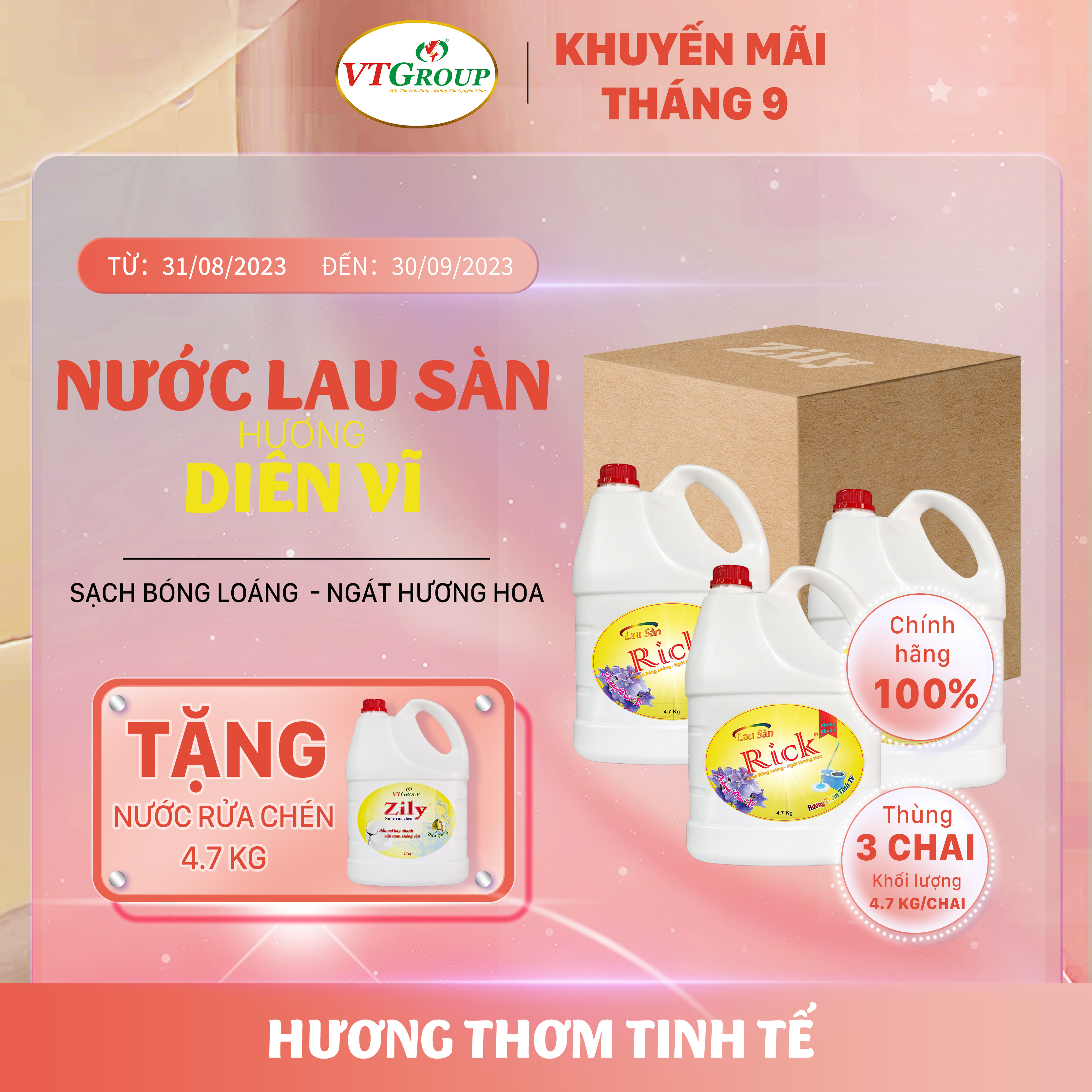 Nước lau sàn Rick 4.7kg (3 chai/ thùng) - Tặng 1 nước rửa chén Zily chanh dây 750g