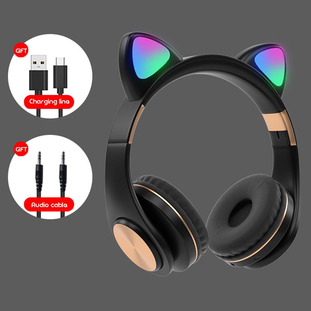 Ms Sáng Mèo Tai Tai Nghe Không Dây LED Kid Cô Gái Nhạc Stereo Mũ Bảo Hiểm Điện Thoại Bluetooth 5.0 Có Thể Điều Chỉnh Tai Nghe Tai Nghe Chụp Tai