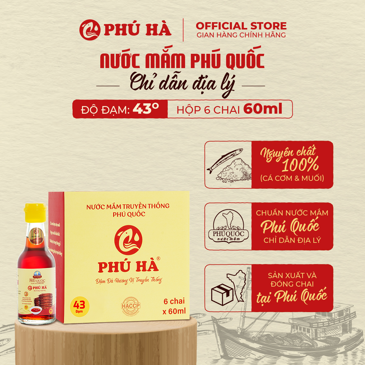 Nước mắm Phú Quốc Chỉ Dẫn Địa Lý Phú Hà 43 độ đạm - Hộp 6 chai 60ml