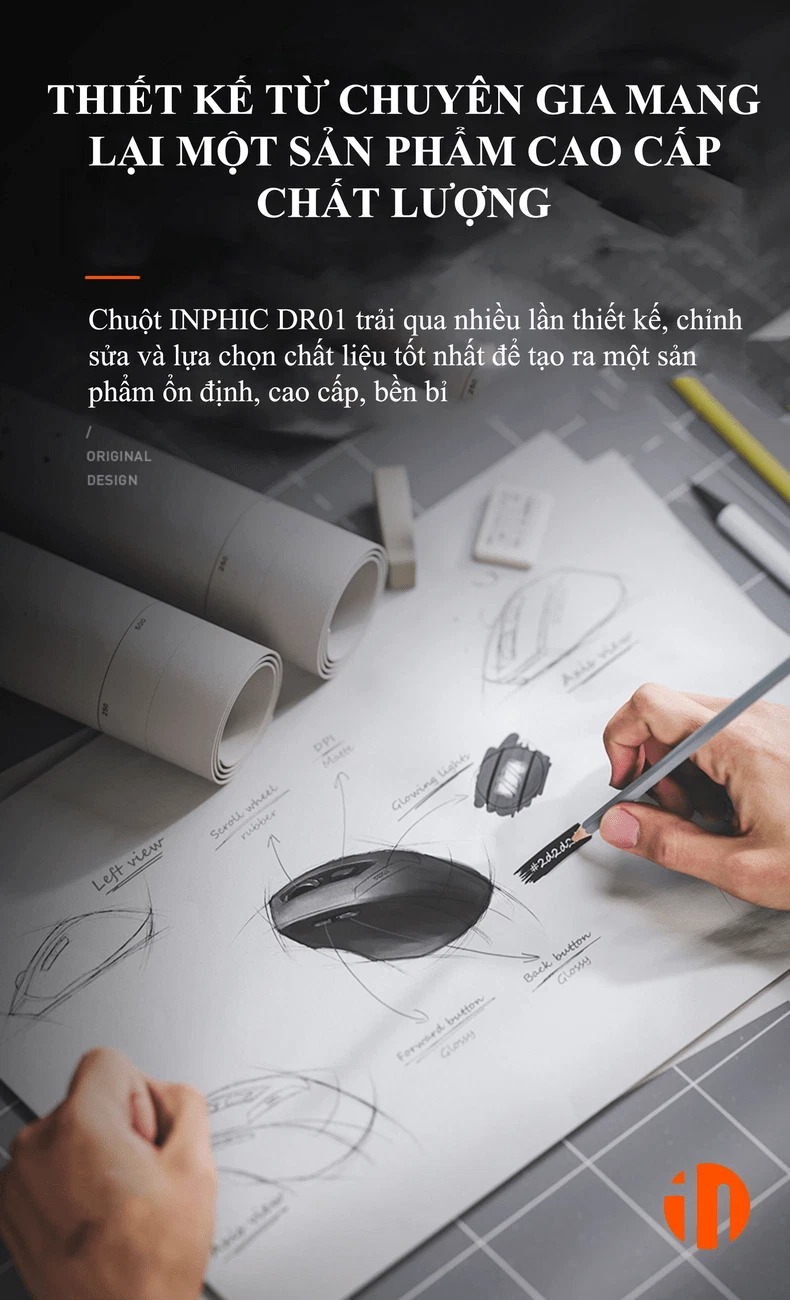 Chuột không dây INPHIC DR01 sử dụng pin sạc thiết kế hiện đại với độ DPI lên đến 1600 có đèn led báo hiệu dung lượng pin - HÀNG CHÍNH HÃNG