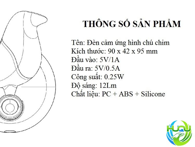 Đèn Ngủ Cảm Ứng Treo Tường  Hình Chú Chim HUQU Sử  Dụng  Pin Sạc -Hàng Chính  Hãng