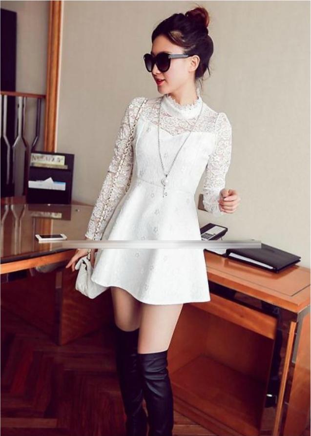 Đầm dự tiệc ren cổ trụ hoa văn Mã: DA4277 - TRẮNG