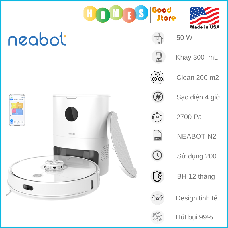 Robot Hút Bụi Lau Nhà Neabot N2 -Black Tự Đổ Rác - Thương Hiệu Mỹ - Trợ Lý Nói Tiếng Việt Lực Hút 2700 Pa Lưu 30 Bản Đồ Pin 5200 mAh Công Suất 50W - Hàng Chính Hãng