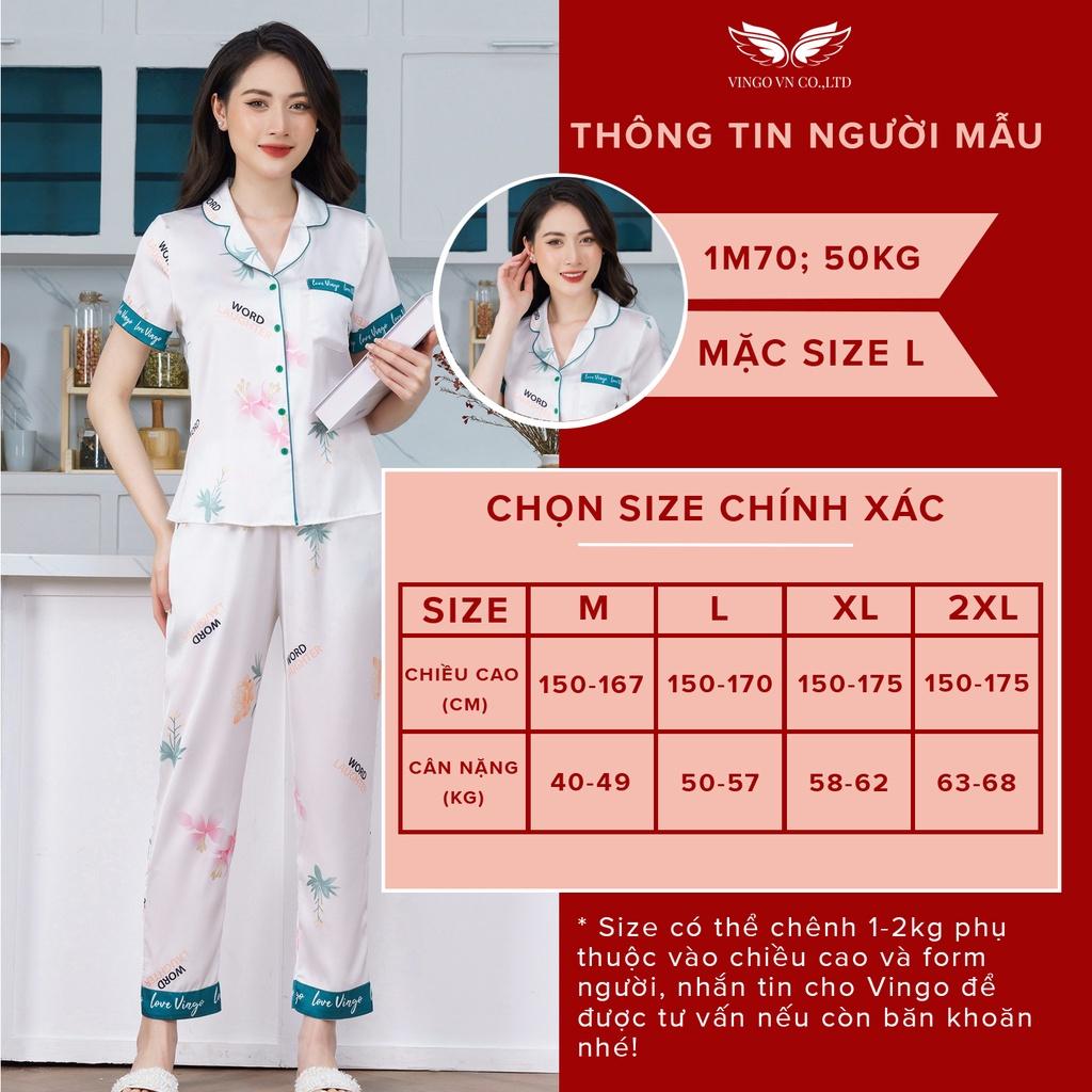 Đồ Bộ Ngủ Nữ Pijama Mặc Nhà VINGO Tay Ngắn Quần Dài Lụa Pháp Cao Cấp In Hoa Hồng Trắng Viền Xanh Đông Xuân H648 VNGO