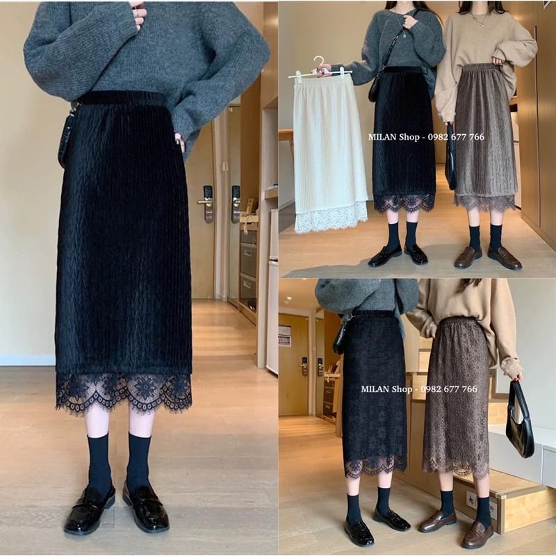 Chân váy nhung phối ren mặc được 2 mặt