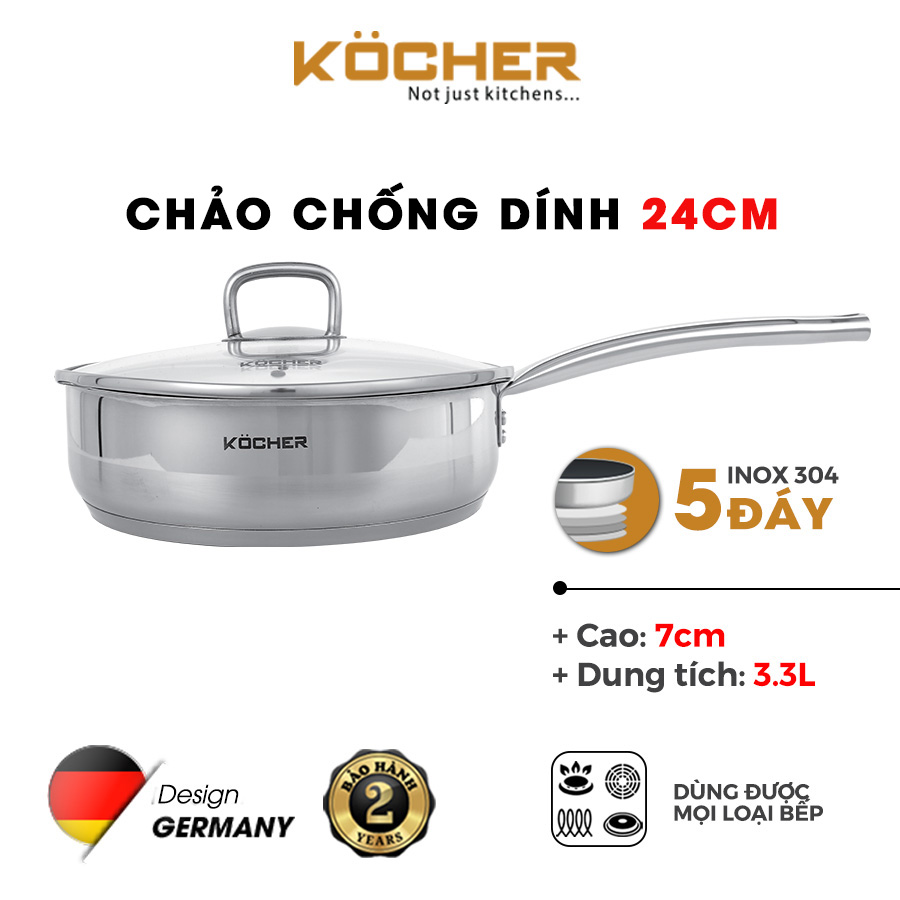 Chảo Chống Dính Bếp Từ, Chảo Đáy Từ Sâu Lòng KOCHER Có Nắp Kính Kocher Cao Cấp Size 24cm