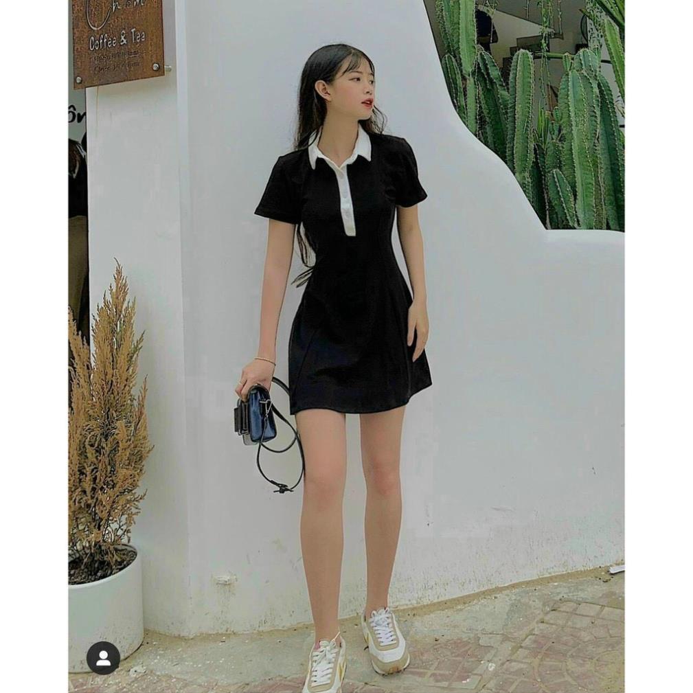 Đầm Polo Nữ Đen Dáng Ôm, Váy Nữ Cổ Phối Chất Borip Dáng Ngắn , Đầm Màu Đen Dáng Ôm