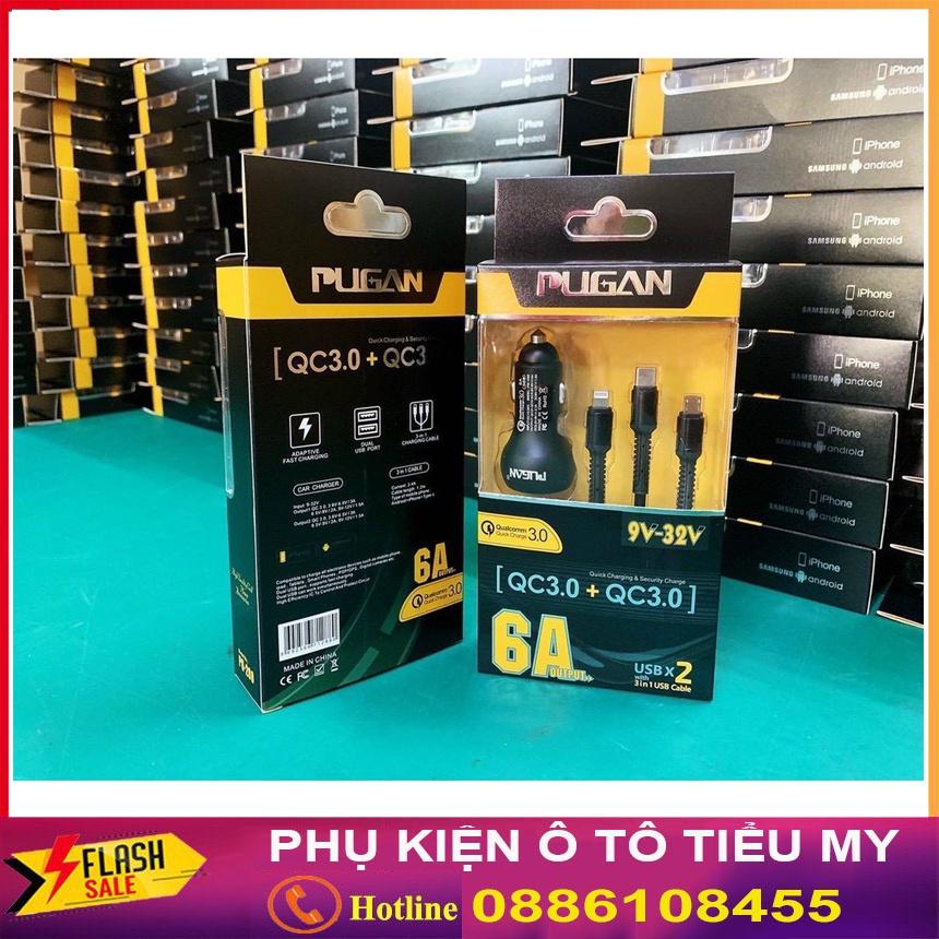 Tẩu sạc Pugan 6A Kèm dây sạc 3 đầu, sạc nhanh điện thoại và thiết bị điện tử, sạc 3 trong 1 cao cấp