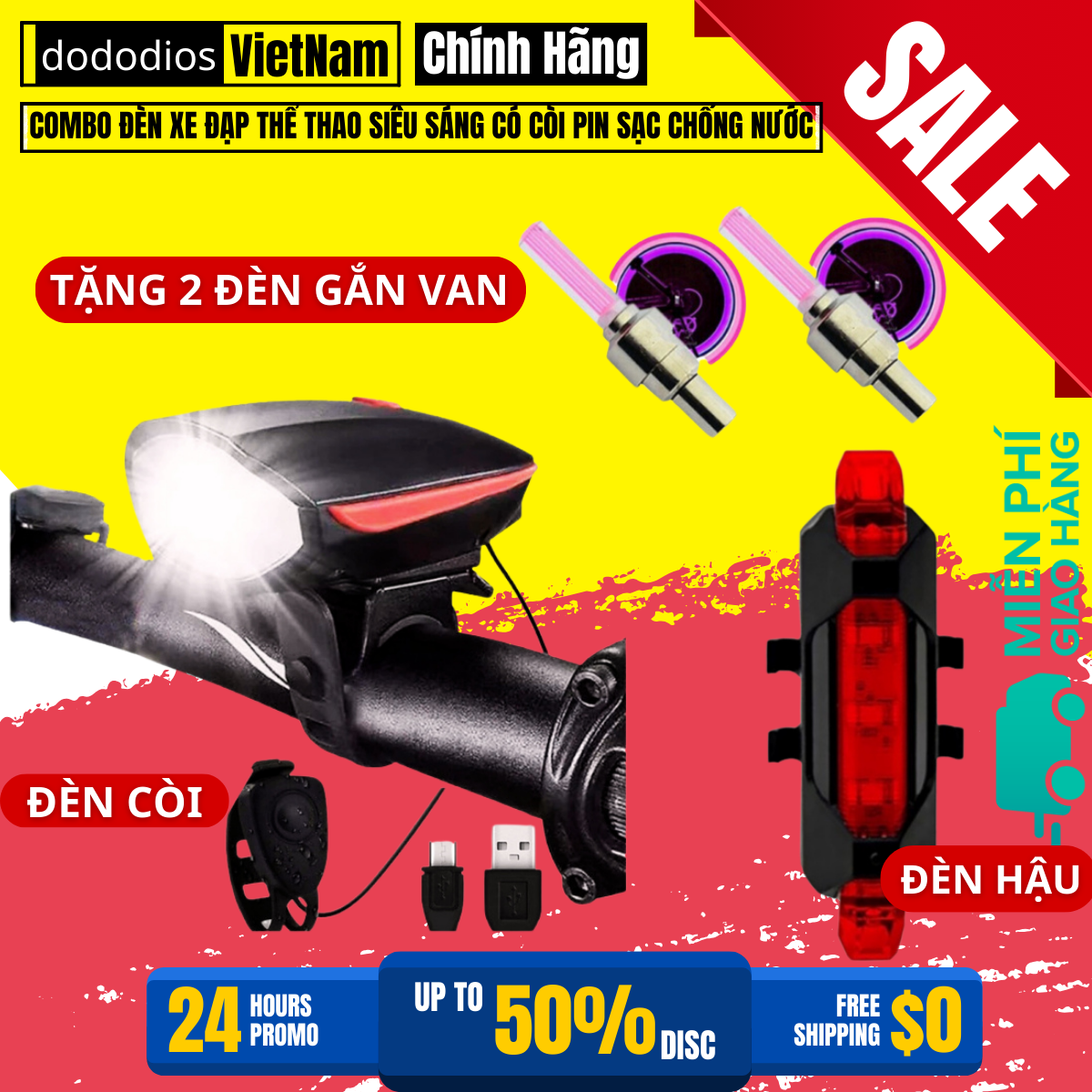 [Combo TIẾT KIỆM] 2 đèn gắn van xe đạp + 1 đèn cảnh báo chiếu hậu mã 02 + 1 đèn xe đạp thể thao kèm Còi to, đèn xe đạp siêu sáng thể thao - dododios