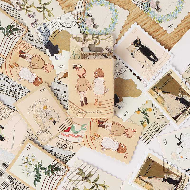 Hộp 46 pcs stickers dạng tem thư kiểu cổ điển vintage dùng để trang trí sổ tay nhật kí