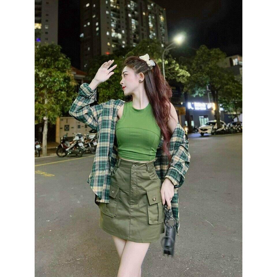 SET BỘ 3 MÓN ÁO BA LỖ CROPTOP MIX CHÂN VÁY KÈM ÁO KHOÁC SƠ MI CARO TAY DÀI CỰC NĂNG ĐỘNG