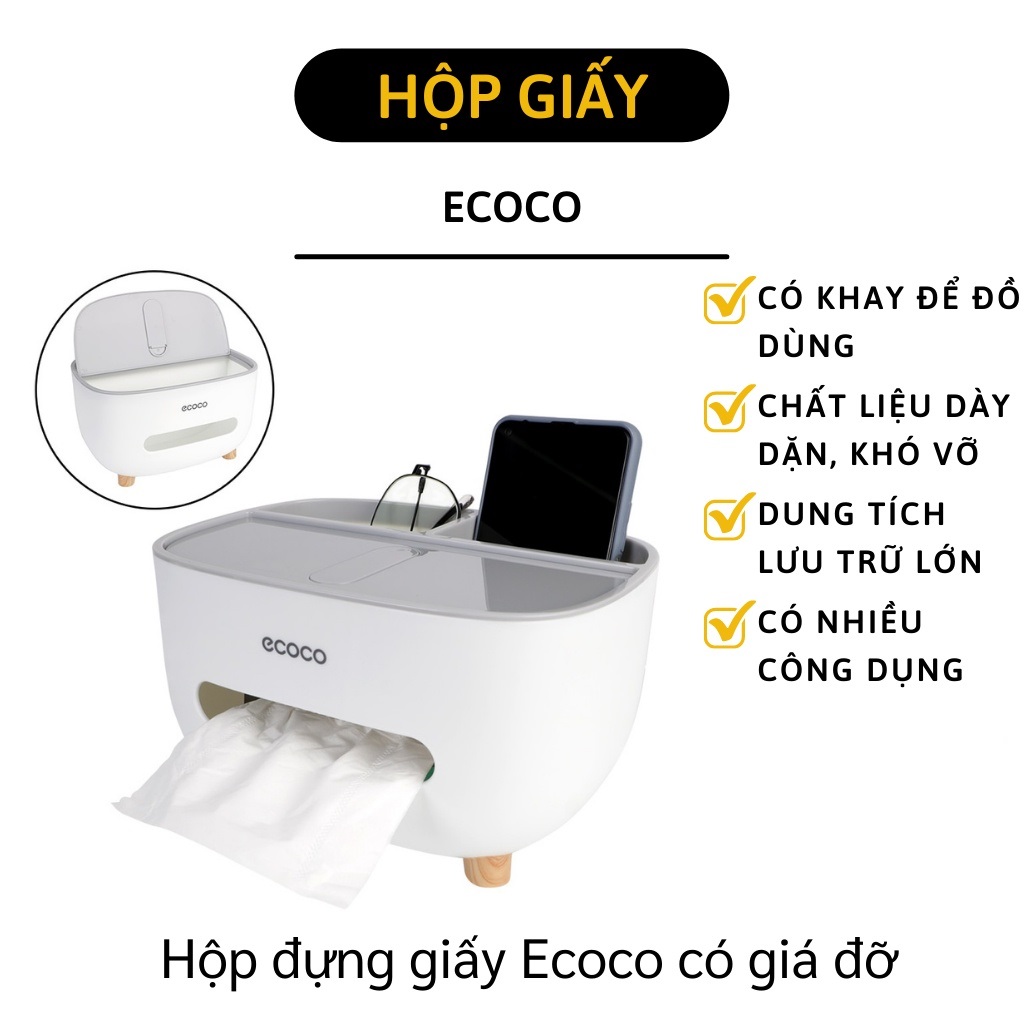 Hộp để khăn giấy Ecoco chân gỗ để bàn dạng rút tiện lợi kiêm ống để và bảo quản đồ dùng cho bàn làm việc, bàn uống nước gọn gàng ngăn nắp, chất liệu nhựa cao cấp