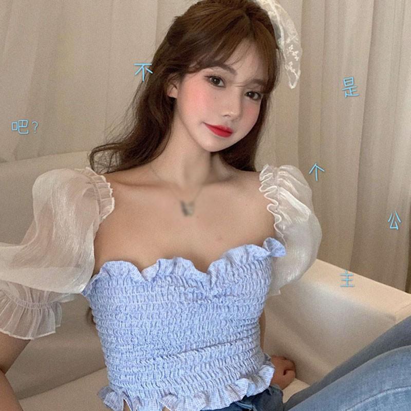 Áo Kiểu Vải Voan Tay Ngắn Cổ Vuông Thiết Kế Quyến Rũ Cho Nữ