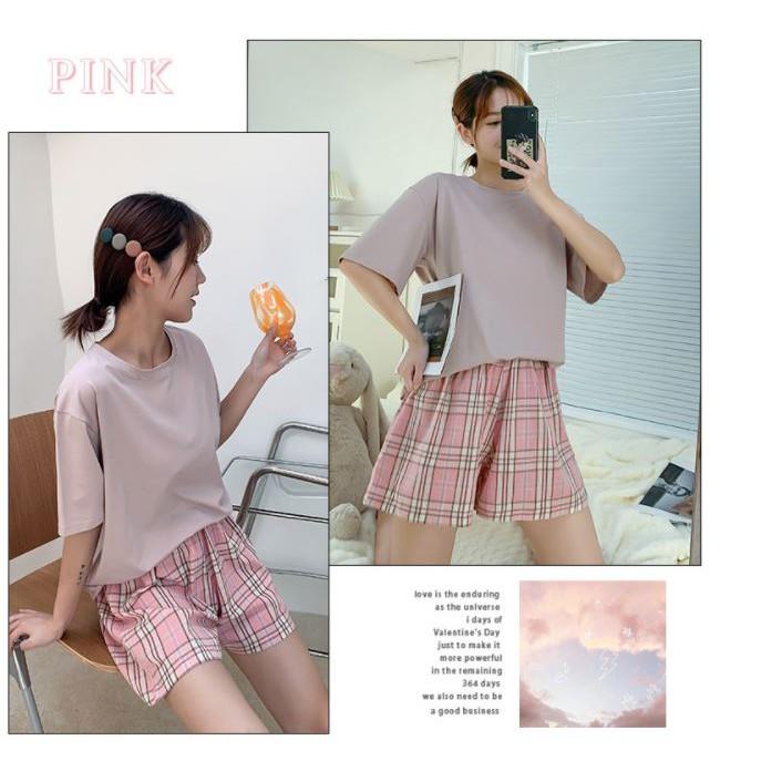 Bộ đồ nữ mặc nhà mùa hè mặc nhà kẻ dễ thương phiên bản Hàn Quốc