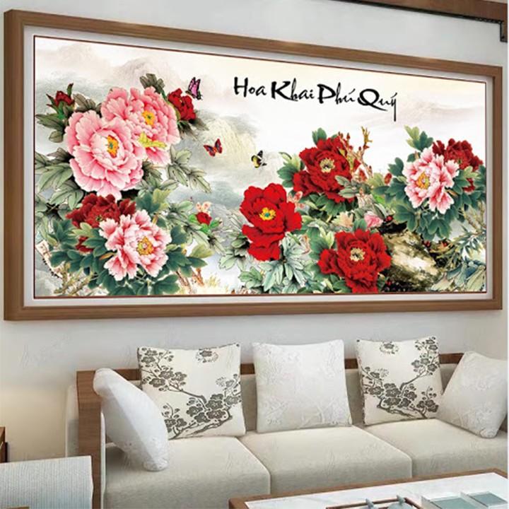 Tranh thêu mẫu đơn hoa khai phú quý LV3401 - kích thước: 100 * 51cm.