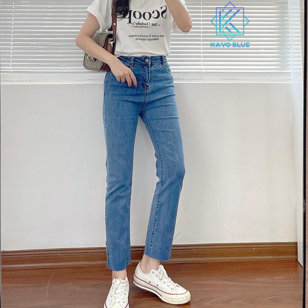 Quần Jeans Nữ Ống Đứng Xẻ Gấu Co Giãn Hàn Quốc KAVO BLUE Tôn Dáng Kéo Dài Chân