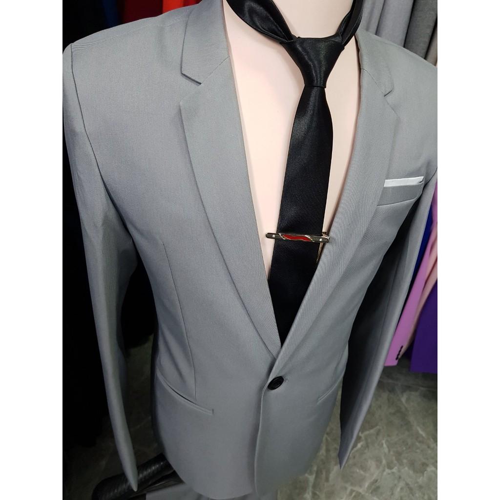 Bộ vest nam xám ghi form ôm body chất vải mềm mỏng ( áo vest+quần+cà vạt+kẹp)