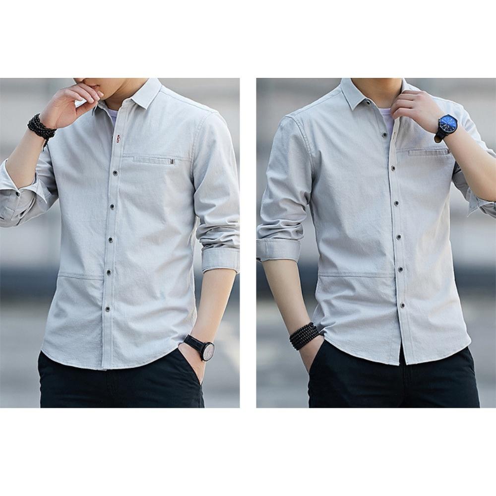 Áo sơ mi nam Hàn Quốc vải Cotton đũi may phối dây dệt túi ngực 3S x Man Store - S3 Xám