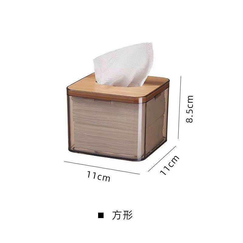 Hộp đựng khăn giấy nhựa trong nắp gỗ tre phong cách vintage đủ size | Hộp đựng giấy ăn đa năng decor mẫu mới cao cấp