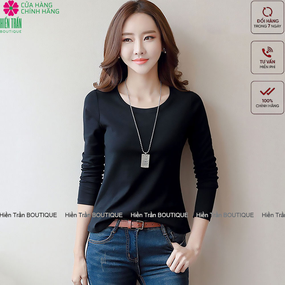 Áo thun dài tay nữ Hiền Trần BOUTIQUE cổ tròn nhẹ dáng suông rộng thoải mái vải cotton mềm mại kiểu nữ tính