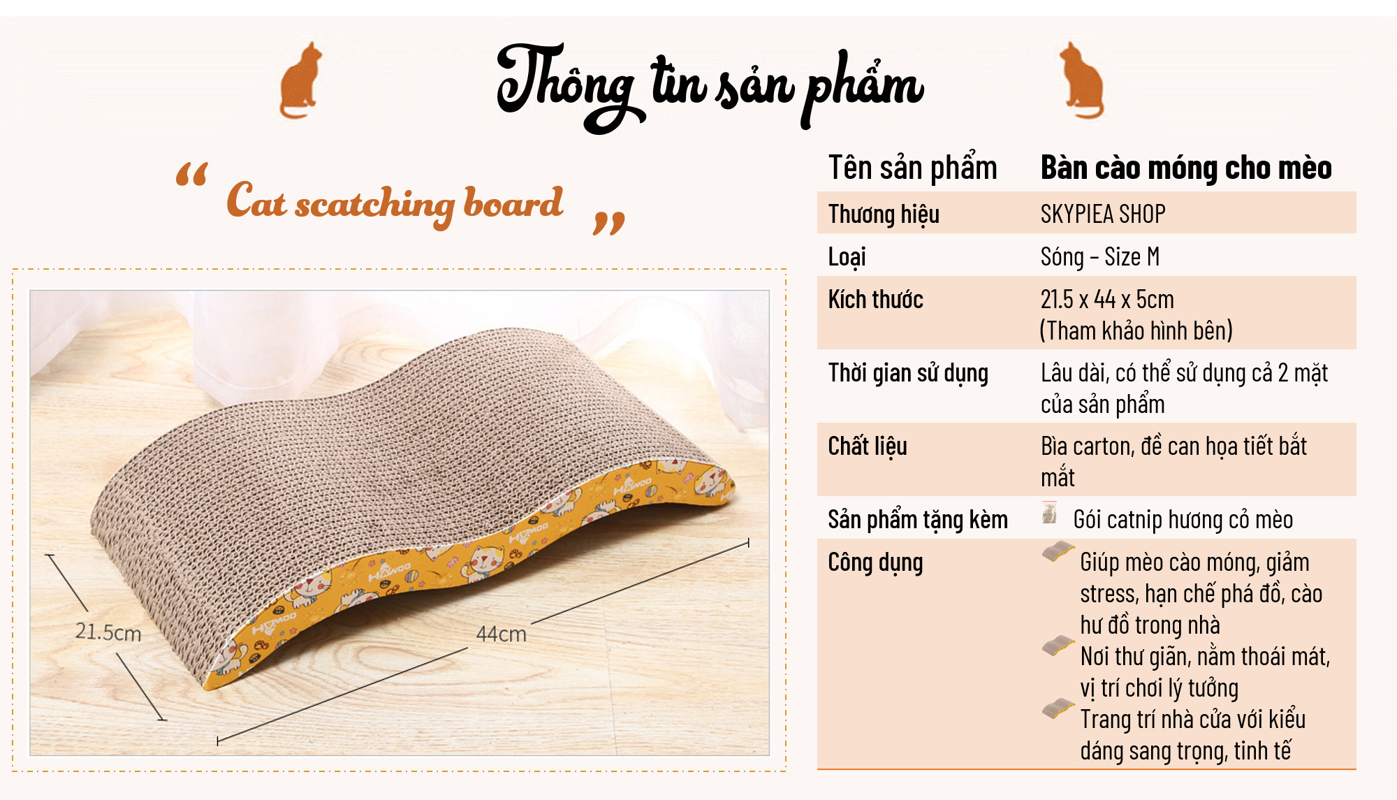 Bàn Cào Móng Dạng Sóng Cho Mèo Lớn - Tặng kèm CatNip - Giúp Mèo Thư Giãn