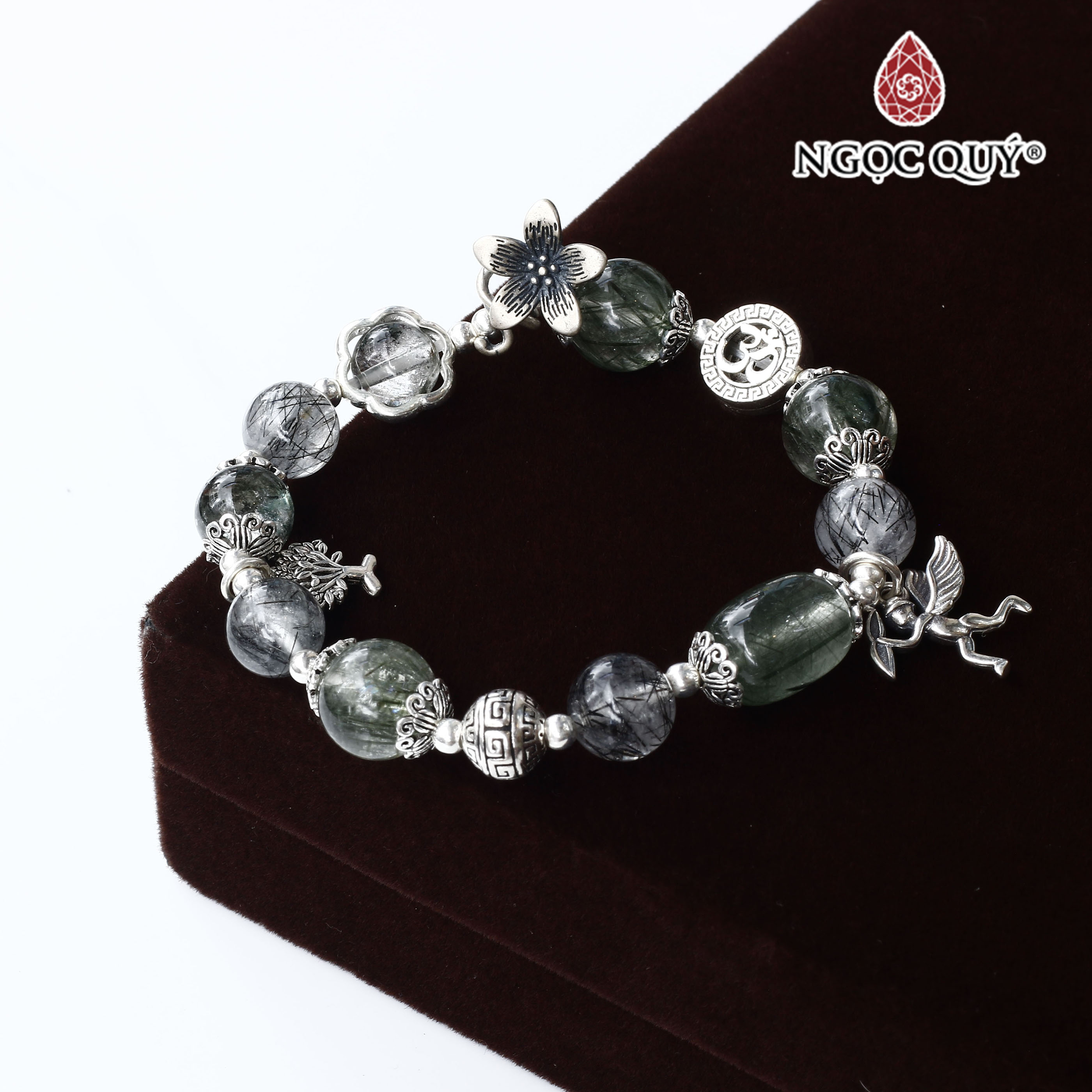 Vòng tay đá thạch anh tóc đen phối hạt hình lu thống tóc xanh charm bạc chữ OM - Ngọc Quý Gemstones