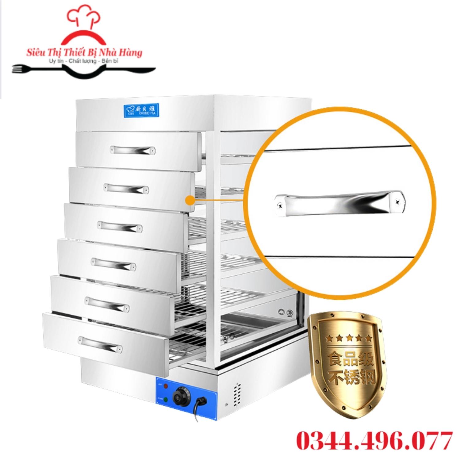 Tủ hấp nóng và trưng bày bánh bao dùng điện loại 7 tầng inox chắc chắn, không bị hấp hơi , đọng nước