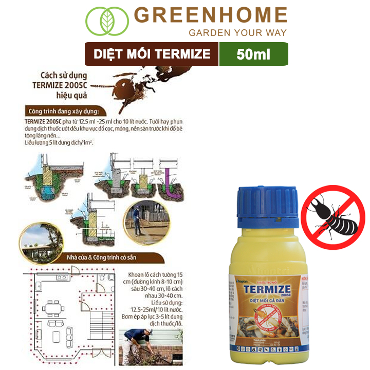 Thuốc Diệt Mối Tận Gốc Greenhome Termize 200SC, Chai 50ml, Sinh Học Thế Hệ Mới, An Toàn, Không Mùi, Diệt Cả Đàn