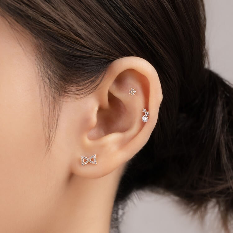 Khuyên Tai Vàng 14KY hình chiếc nơ chuôi bi vặn Korean Style (V0194) - MOON Jewelry