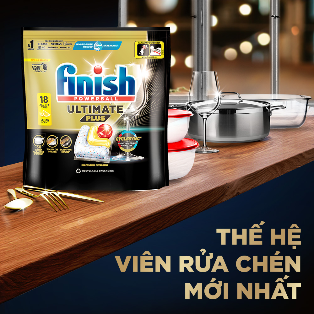 Combo 3 Viên rửa chén Finish Ultimate 18 viên + Nước làm bóng 500ml + Muối rửa chén 2kg