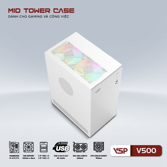Vỏ máy tính Case VSP V500 [TRẮNG] Gaming Kính cường lực (Micro ATX/ITX) - Hàng chính hãng VSP phân phối