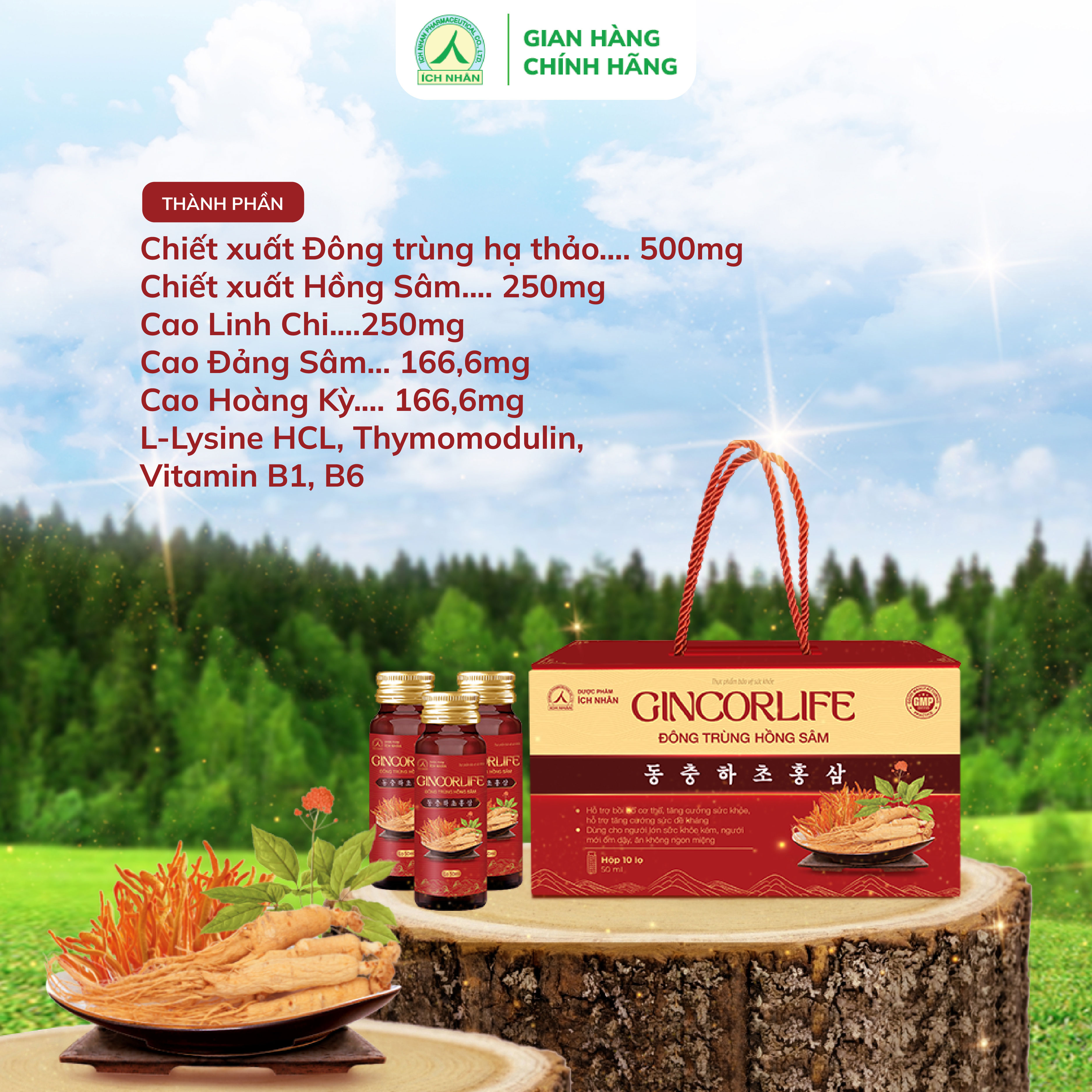 Nước hồng sâm GINCORLIFE Đông Trùng Hồng Sâm bồi bổ cơ thể, tăng cường sức đề kháng, khỏe mạnh hơn hộp 10 chai x 50ml