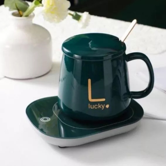 Điện, Bộ ly sứ kèm đế điện hâm nóng trà, cafe, hâm sữa + Tặng kèm thìa vàng, hộp sang trọng