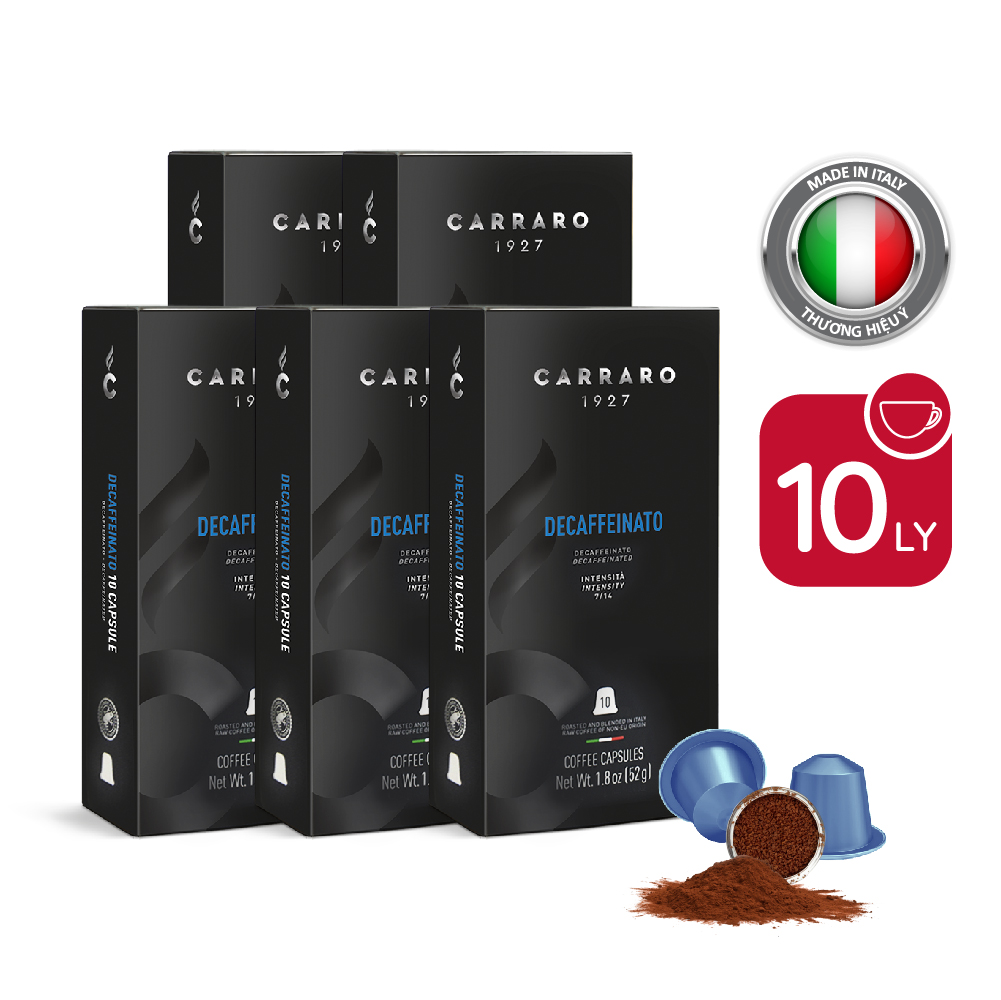 Combo 5 hộp cà phê viên nén Carraro Decaffeinato - Tương thích với máy capsule Nespresso