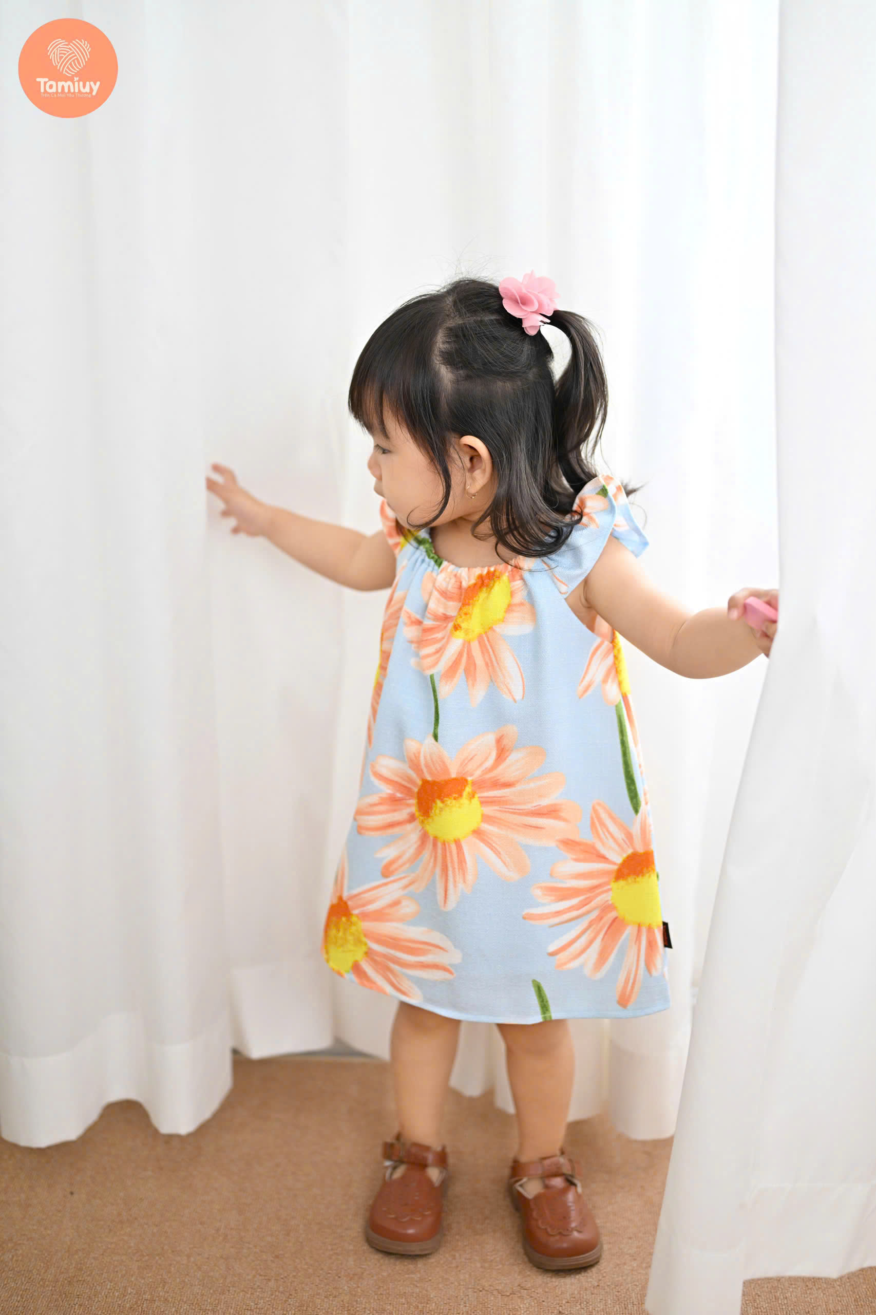 Tamiuy Đầm Yếm Cổ Thun Họa Tiết Hoa Hướng Dương Cho Bé Gái Từ 1-10 Tuổi Chất Liệu Linen Mềm Mịn