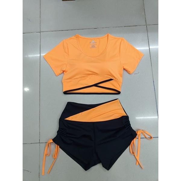 Set bộ đồ tập áo croptop vạt chéo quần đùi rút dây cạp V phối màu tạp gym,yoga,nhảy Zumba, aerobic,đi bơi đi biển nữ