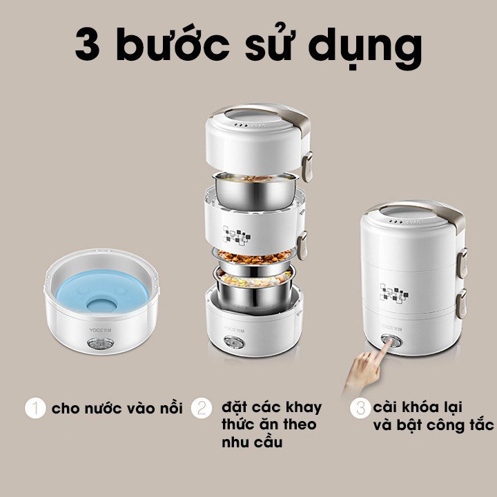 Hộp cơm văn phòng giữ nhiệt cắm điện Yoice tròn trắng 3 tầng khay inox dung tích 2l hâm nóng cực nhanh - HÀNG CHÍNH HÃNG