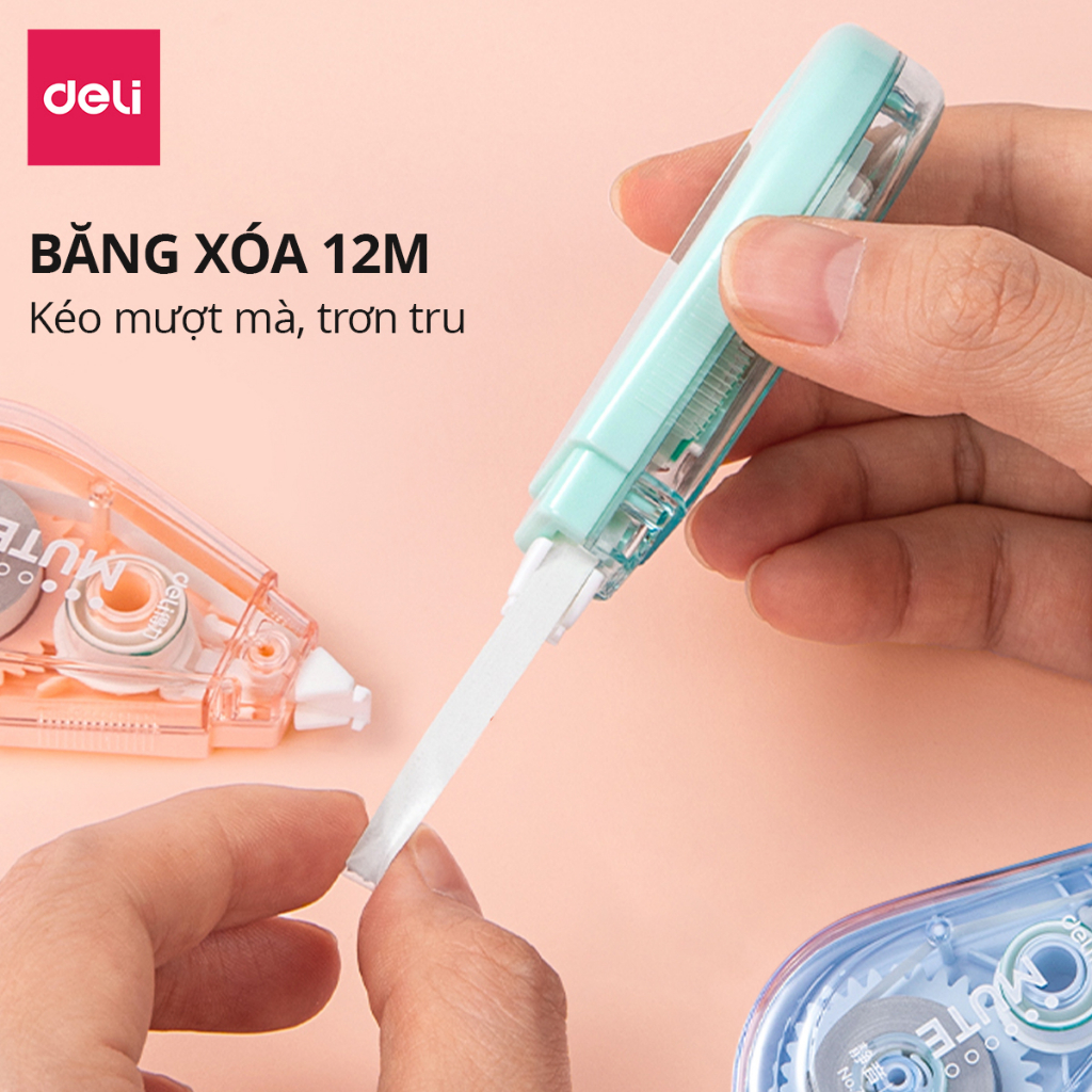 Bút Xóa Băng 12M Không Tiếng Ồn Deli - Che Phủ Tốt Khô Nhanh, Viết Đè Lên Ngay Sau Khi Xóa - Băng kéo học sinh văn phòng