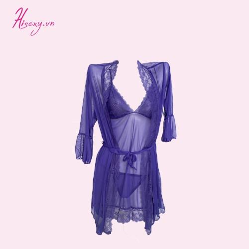 HISEXY Set Áo Khoác, Đầm Ngủ Ren Voan Lưới Có Quần Chip Mặc Nhà