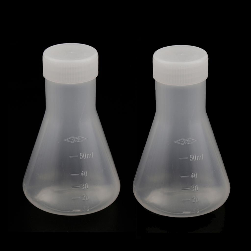 2x2 Pcs Lab Experiment Graduated Plastic Conical Flask Erlenmeyer w/ Cap 50mL