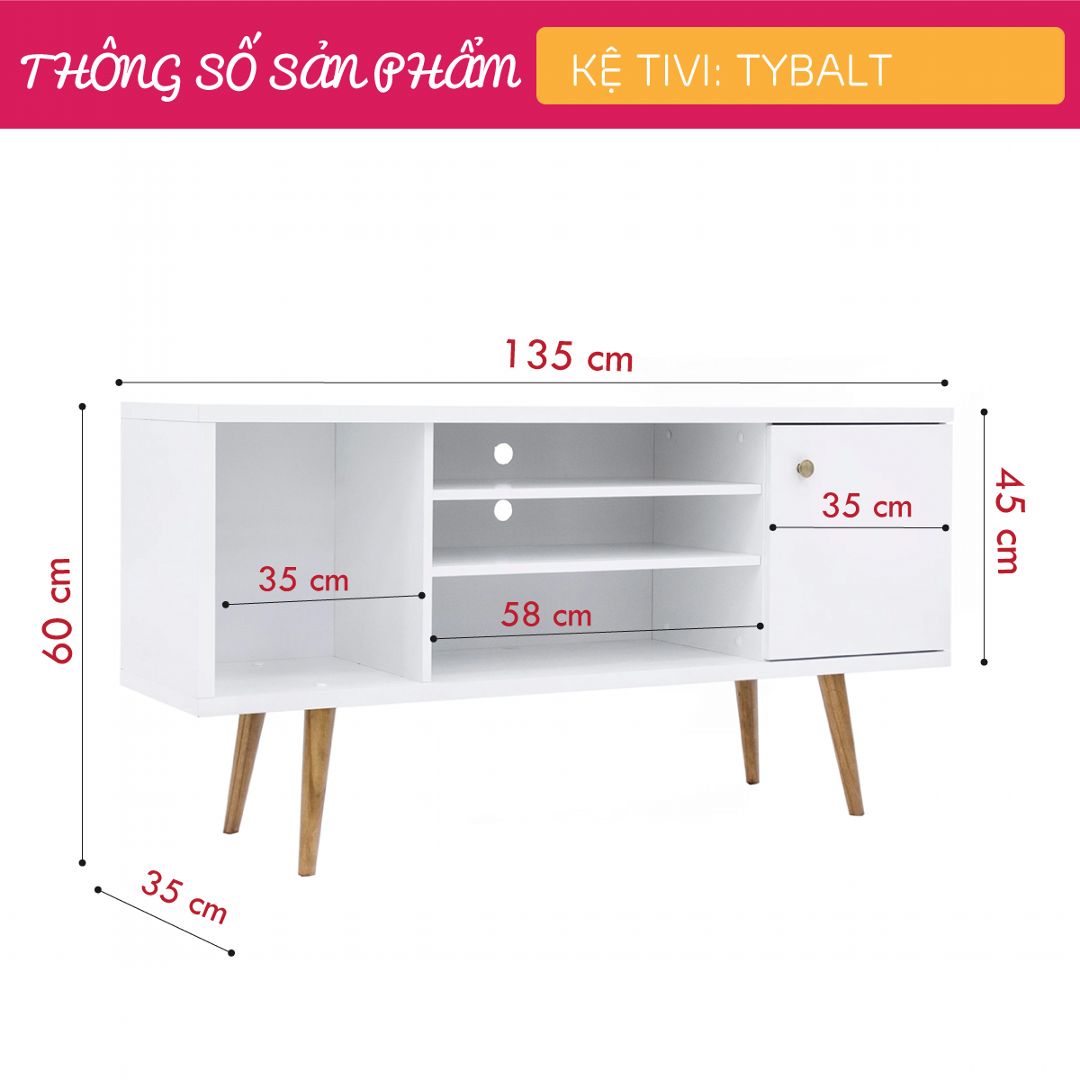 Kệ tivi gỗ hiện đại SMLIFE Tybalt | Gỗ MDF dày 17mm chống ẩm | D135xR35xC60cm