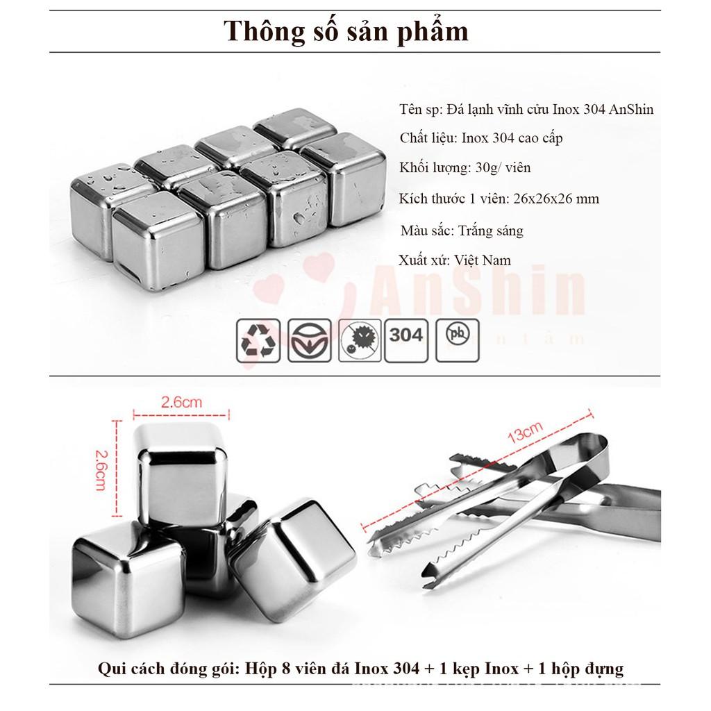 Đá lạnh không tan inox 304 Anshin - hộp 8 viên kèm 1 kẹp gắp cao cấp - cam kết inox 304 chuẩn