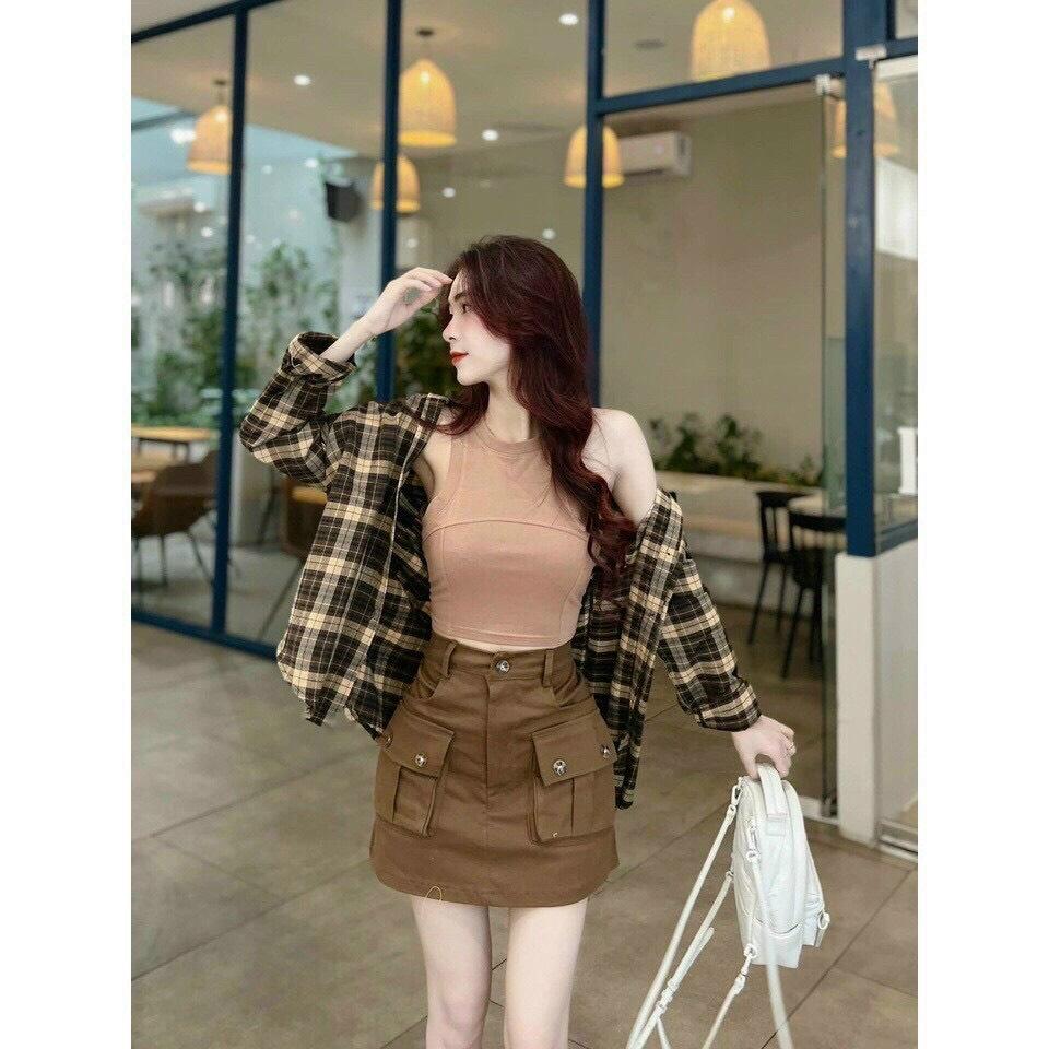 SET BỘ 3 MÓN ÁO BA LỖ CROPTOP MIX CHÂN VÁY KÈM ÁO KHOÁC SƠ MI CARO TAY DÀI CỰC NĂNG ĐỘNG