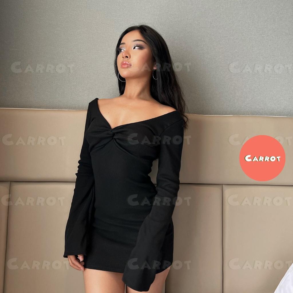 Đầm body sexy tay dài dự tiệc váy dáng ôm khoét ngực soắn ngực chất thun co giãn tốt freesize carrotxinhdep