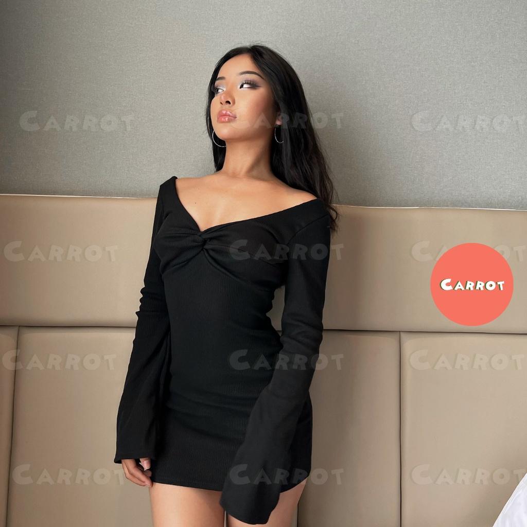 Đầm body sexy tay dài dự tiệc váy dáng ôm khoét ngực soắn ngực chất thun co giãn tốt freesize carrotxinhdep (38)