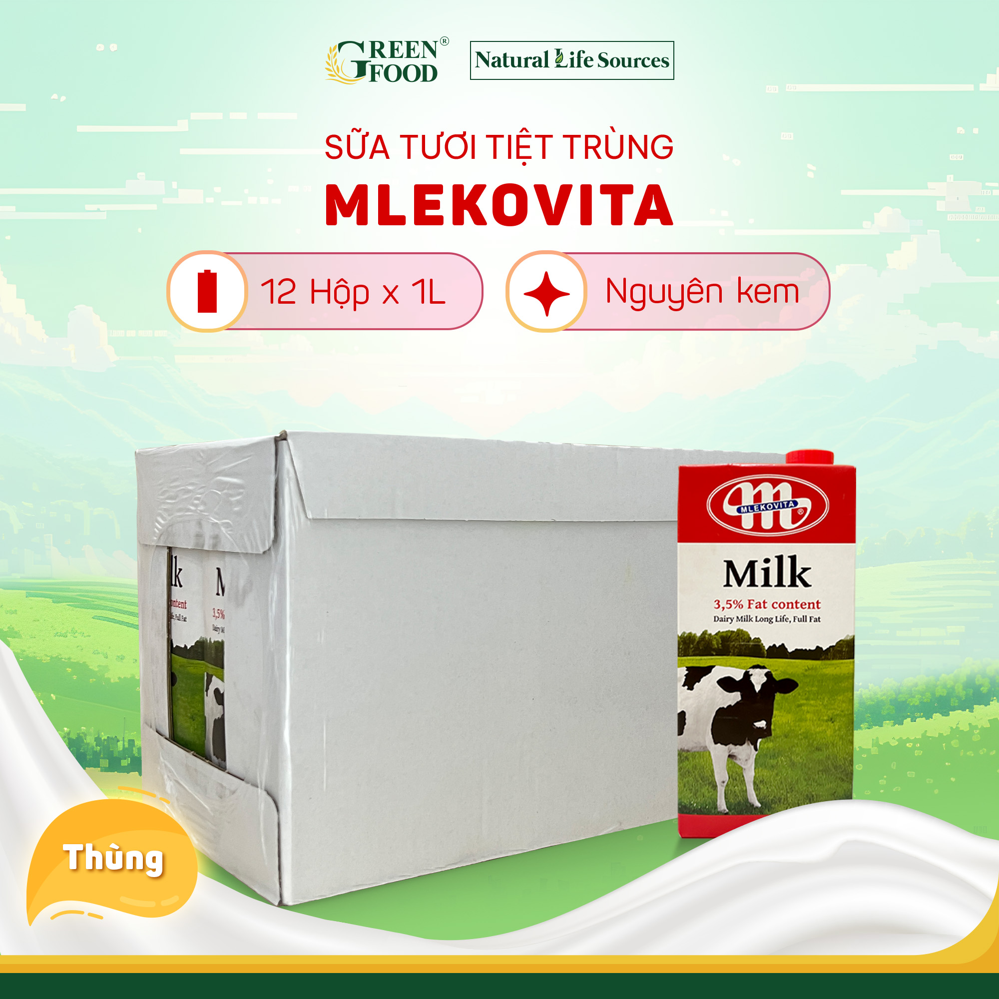 Thùng 12 Hộp Sữa Tươi Tiệt Trùng Mlekovita Nguyên Kem 1L - Độ béo 3.5%, Giàu Canxi, Nhập Khẩu Ba Lan