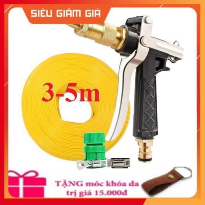 Bộ dây vòi xịt nước rửa xe, tưới cây .tăng áp 3 lần,loại 3m, 5m 206236 đầu đồng,đai,nối nhựa vàng+ tặng móc khoá