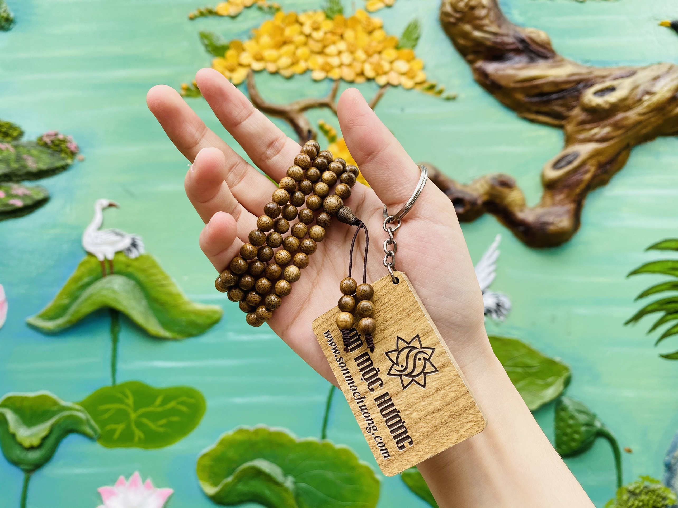 Vòng tay trầm hương tràng 108 hạt Tốc SƠN MỘC HƯƠNG tặng 1 mốc khóa SMH